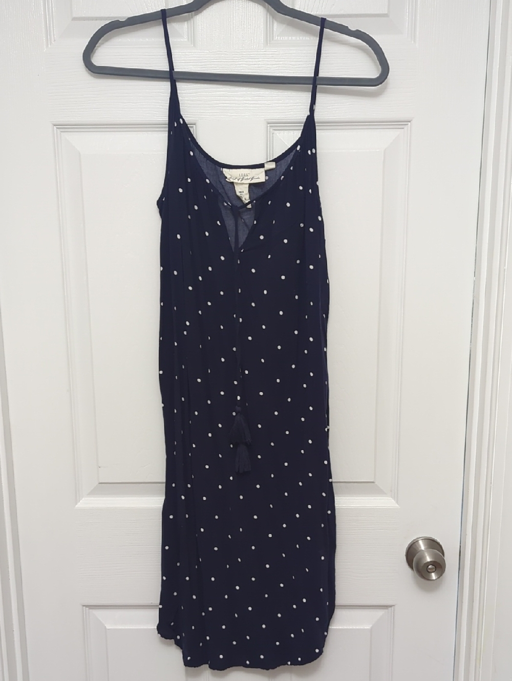 H&M Navy Polka Dot Midi Slip Dress with Tassel Tie